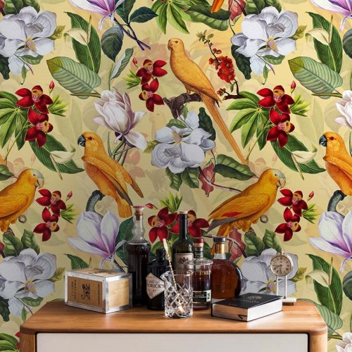 Yellow Parrots In Tropical Flower Magnolia Jungle – on shiny yellow